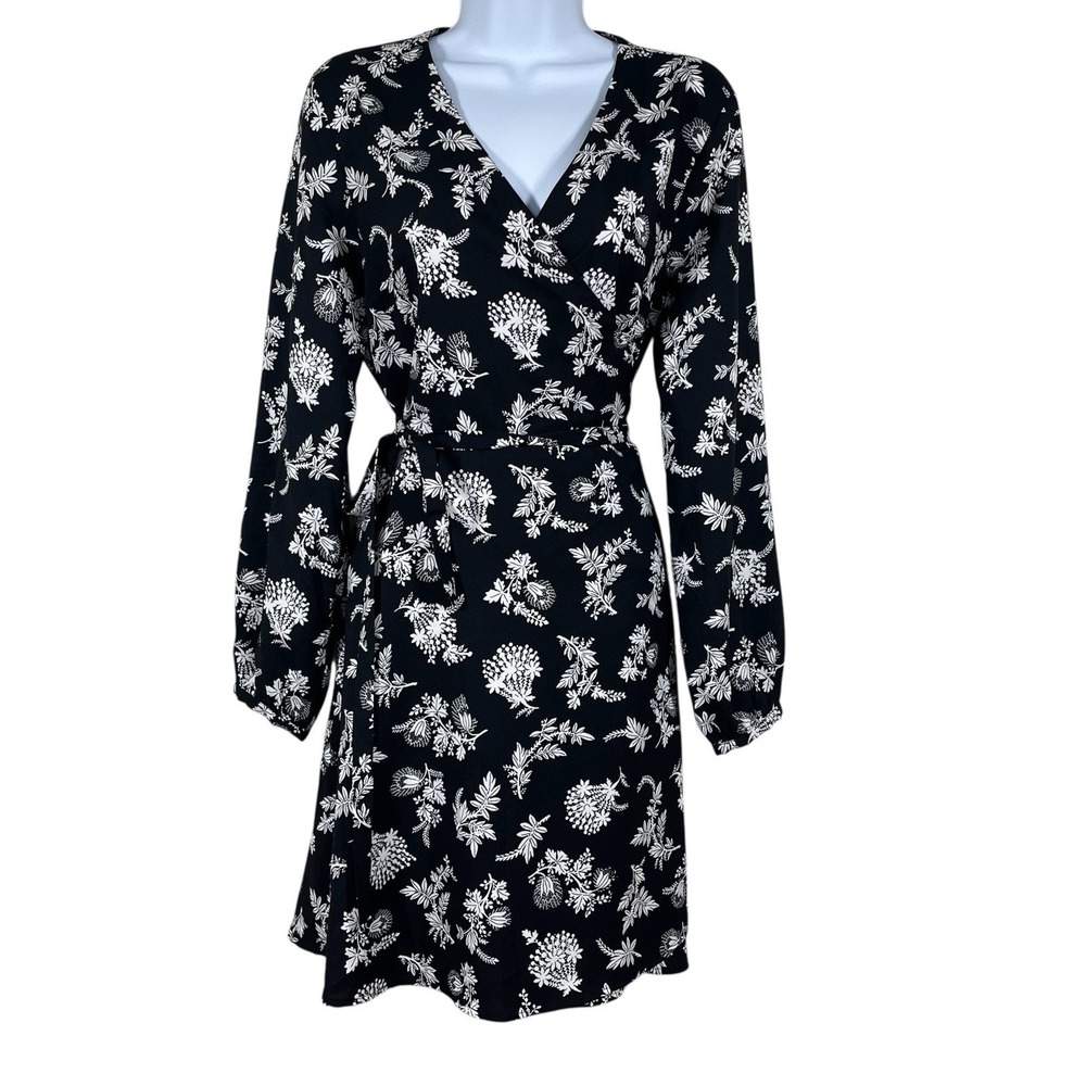 NWT Loft Floral Flare True Warp Dress‎ Sz 8 PETITE Black Midi Long Sleeve V-Neck